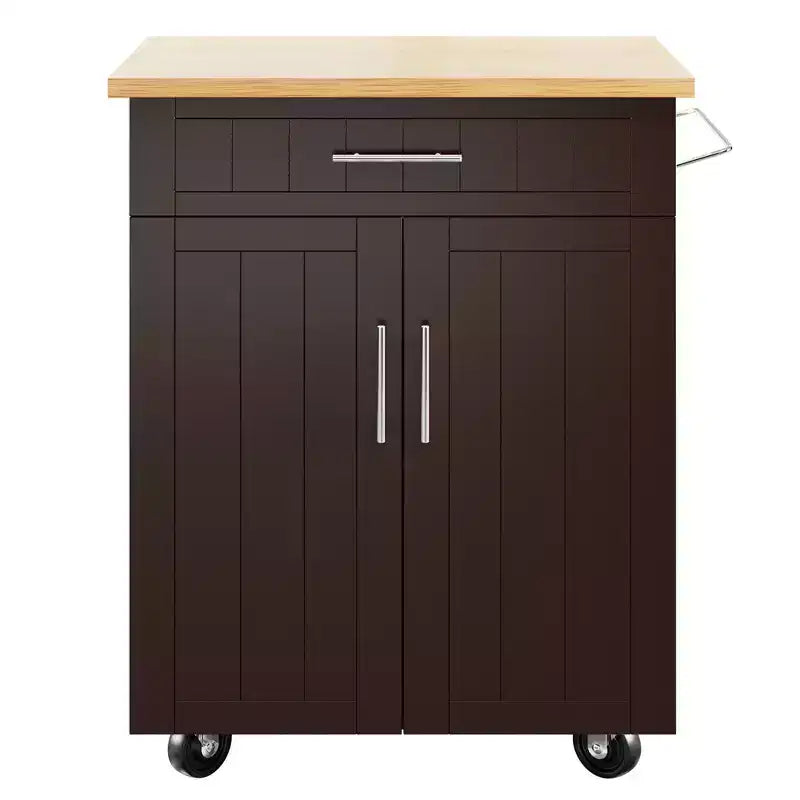 Carrello da Cucina in Legno con Doppio Armadietto, Cassetto e Portasciugamani – Carrello Contenitore su Ruote