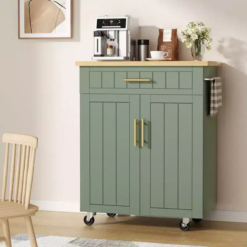Carrello da Cucina in Legno con Doppio Armadietto, Cassetto e Portasciugamani – Carrello Contenitore su Ruote