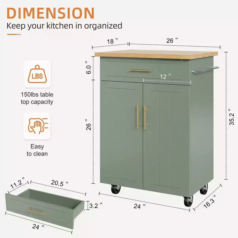 Carrello da Cucina in Legno con Doppio Armadietto, Cassetto e Portasciugamani – Carrello Contenitore su Ruote