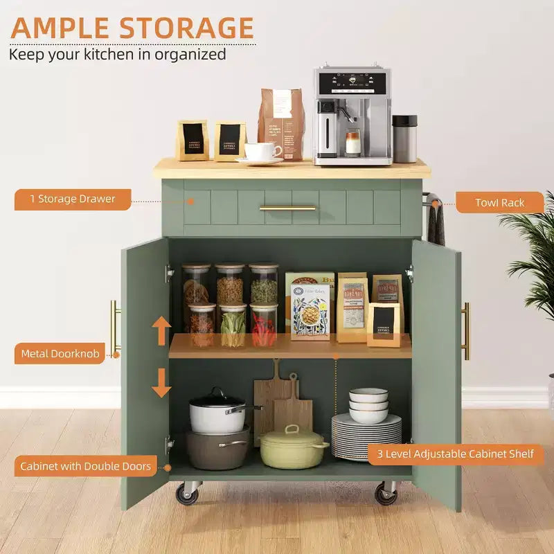 Carrello da Cucina in Legno con Doppio Armadietto, Cassetto e Portasciugamani – Carrello Contenitore su Ruote