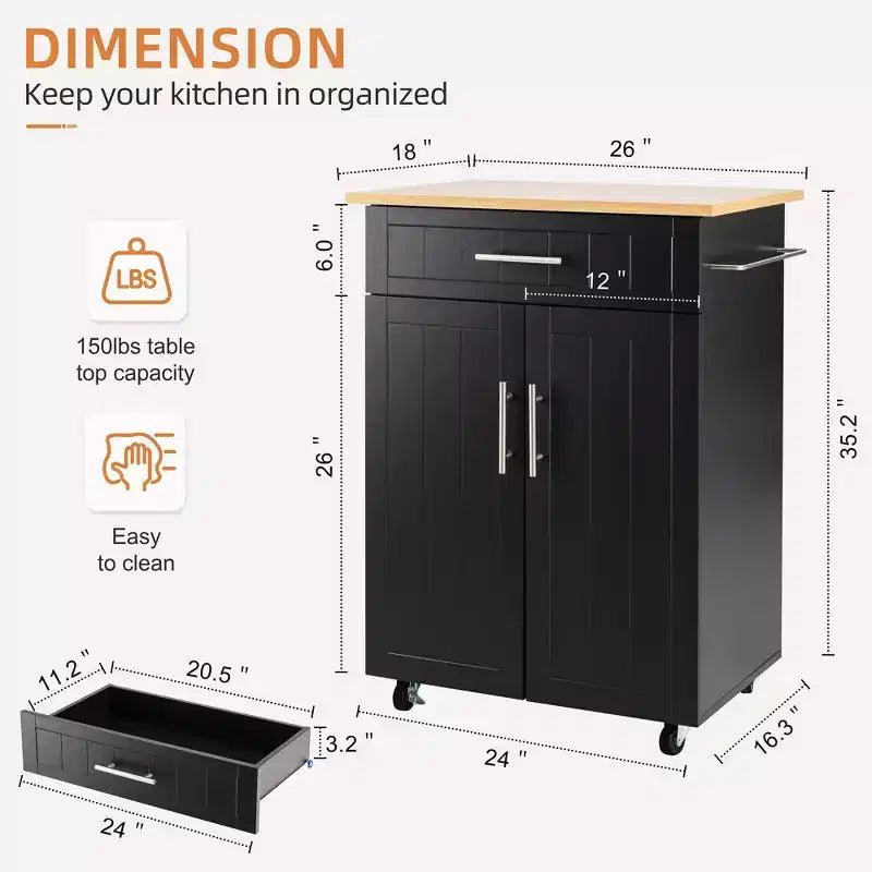 Carrello da Cucina in Legno con Doppio Armadietto, Cassetto e Portasciugamani – Carrello Contenitore su Ruote