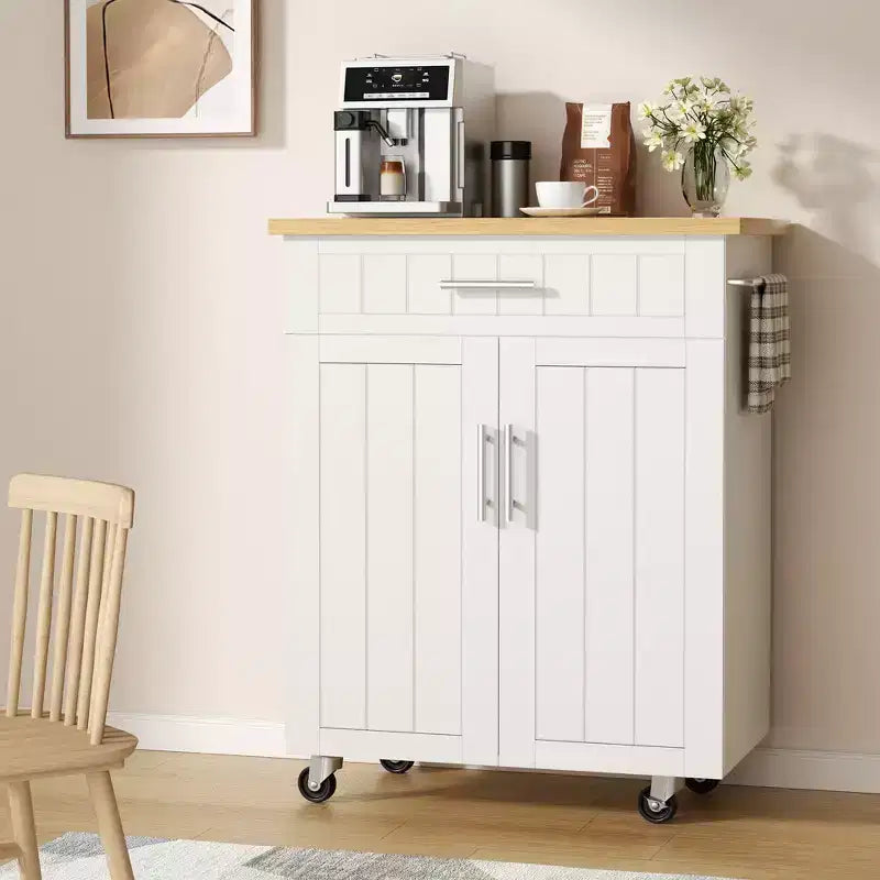 Carrello da Cucina in Legno con Doppio Armadietto, Cassetto e Portasciugamani – Carrello Contenitore su Ruote