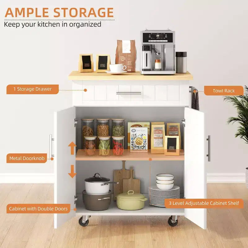 Carrello da Cucina in Legno con Doppio Armadietto, Cassetto e Portasciugamani – Carrello Contenitore su Ruote