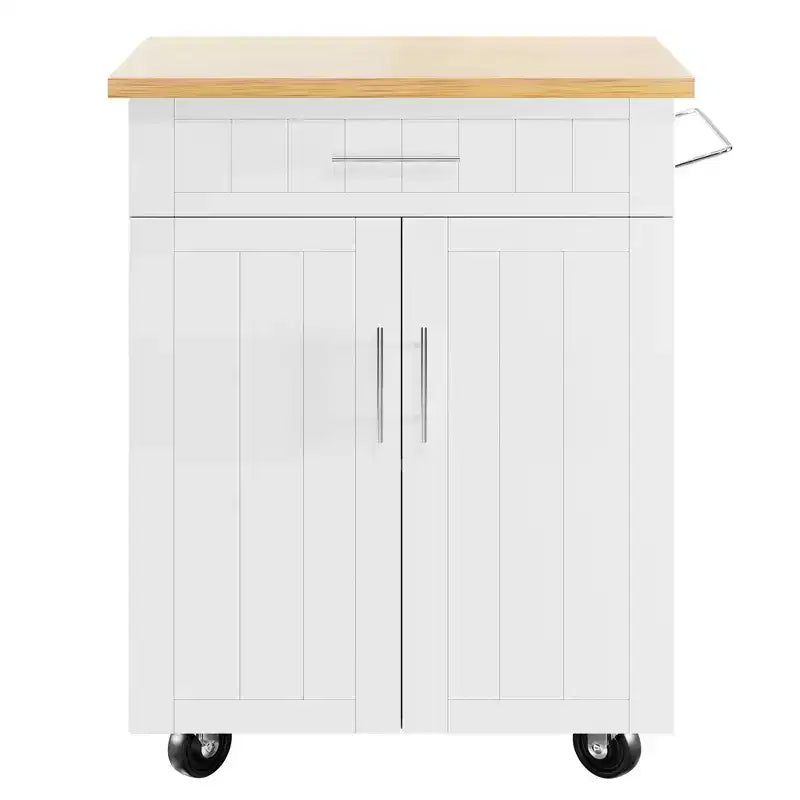 Carrello da Cucina in Legno con Doppio Armadietto, Cassetto e Portasciugamani – Carrello Contenitore su Ruote