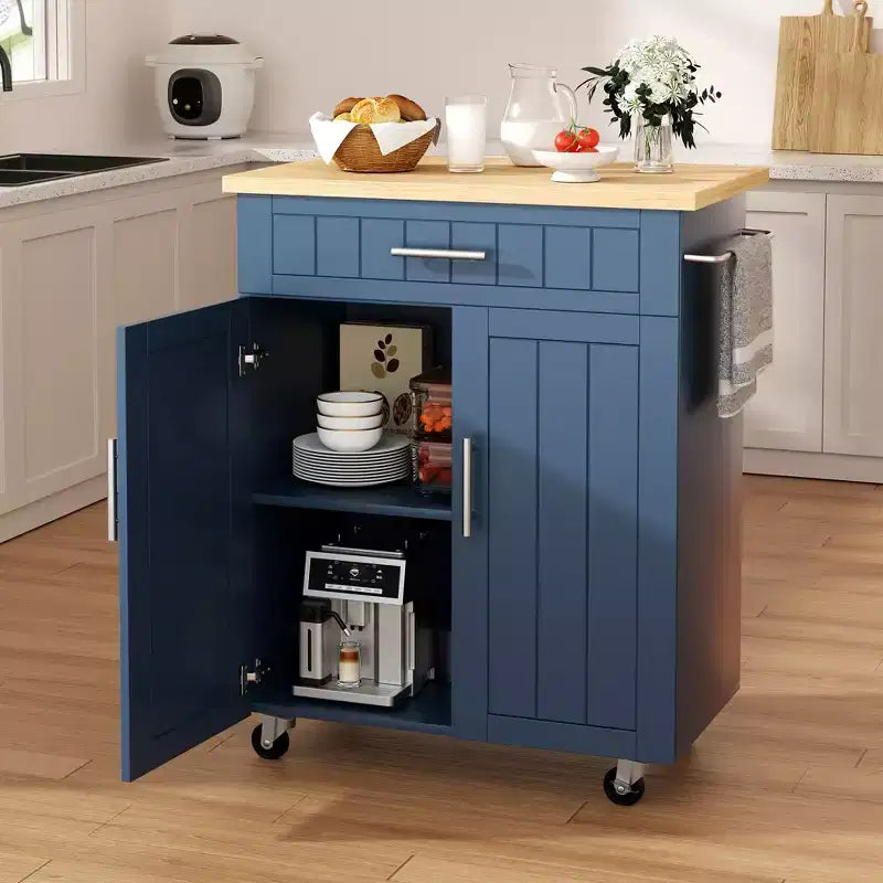 Carrello da Cucina in Legno con Doppio Armadietto, Cassetto e Portasciugamani – Carrello Contenitore su Ruote