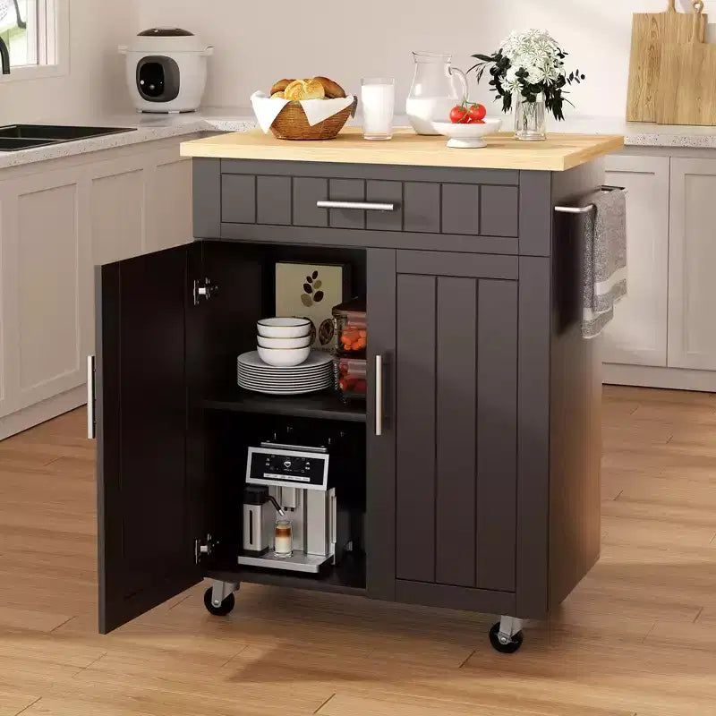 Carrello da Cucina in Legno con Doppio Armadietto, Cassetto e Portasciugamani – Carrello Contenitore su Ruote
