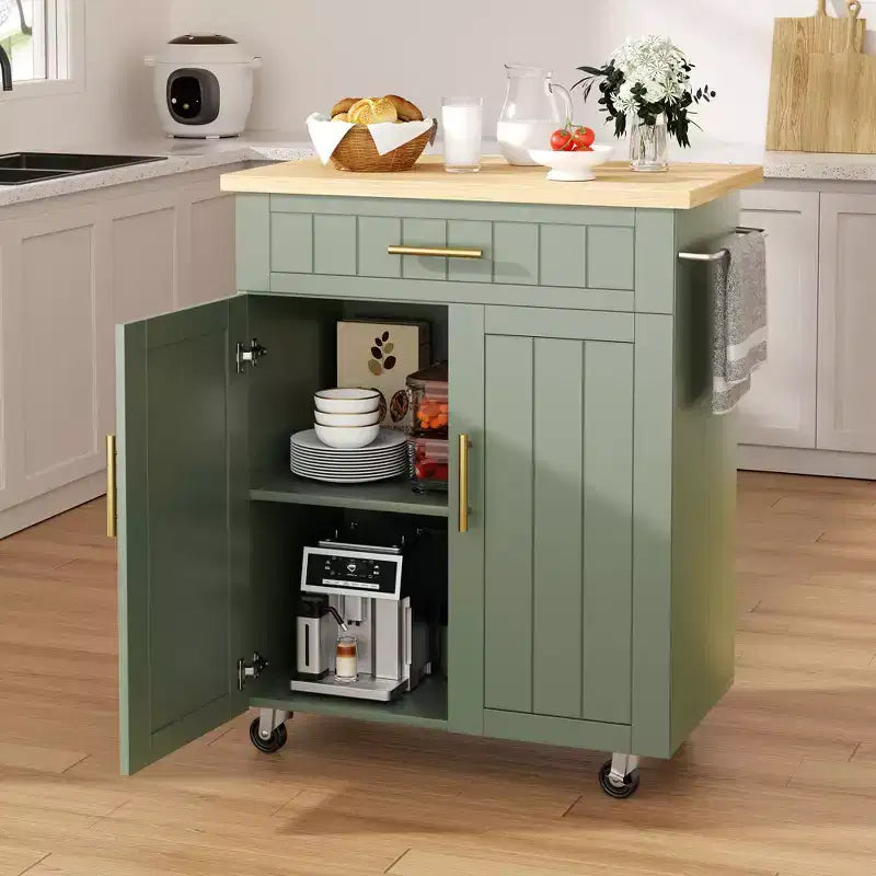 Carrello da Cucina in Legno con Doppio Armadietto, Cassetto e Portasciugamani – Carrello Contenitore su Ruote