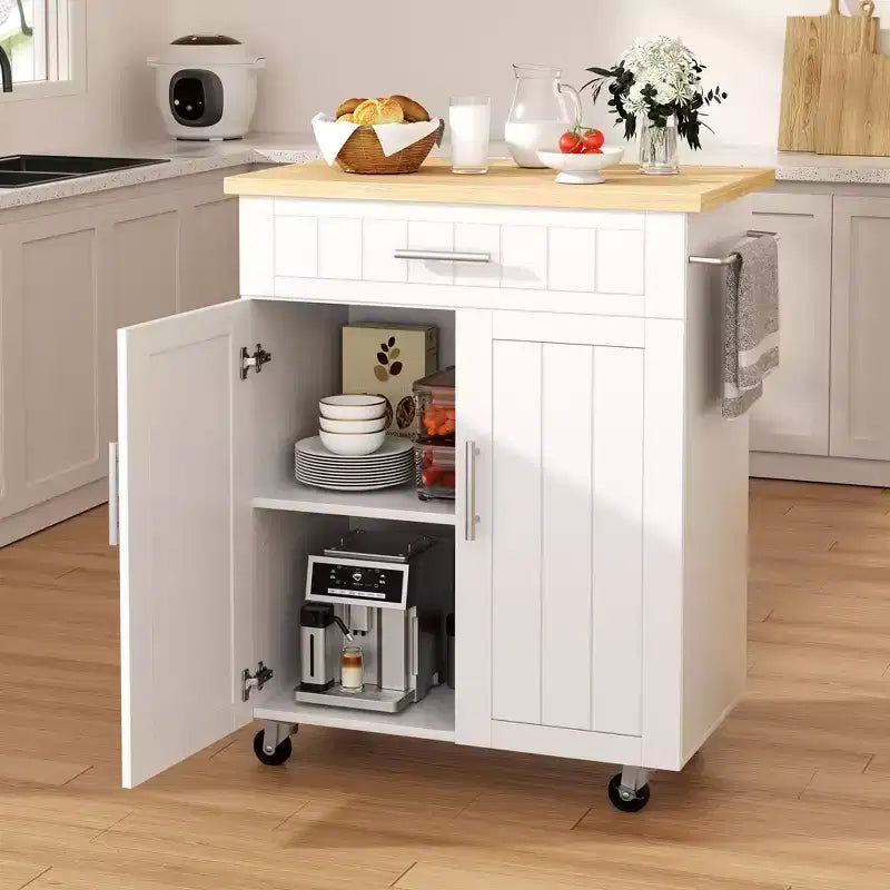 Carrello da Cucina in Legno con Doppio Armadietto, Cassetto e Portasciugamani – Carrello Contenitore su Ruote